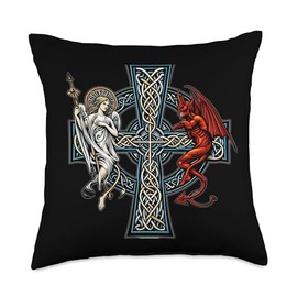 Gaelic Religious Design Celtic Cross Good Evil Angel Devil Irish Throw Pillow, 18x18, Multicolor
