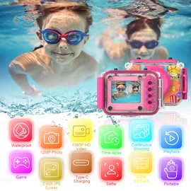 Ushining Children's Camera Waterproof Camera for Children, 1080P Digital Camera Video Camera Selfie Camera Underwater Camera for Children with 2.0 Inch Screen, Gift for 3-12 Years Girls Boys Pink