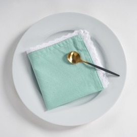 Fingercraft Dinner Cloth Napkin Cotton Linen Blend 12 Pack Mitered Corners with Elegant Lace for Everyday Use Napkins are Pre Shrunk and Good Absorbency (Aqua, 12in x 12in)