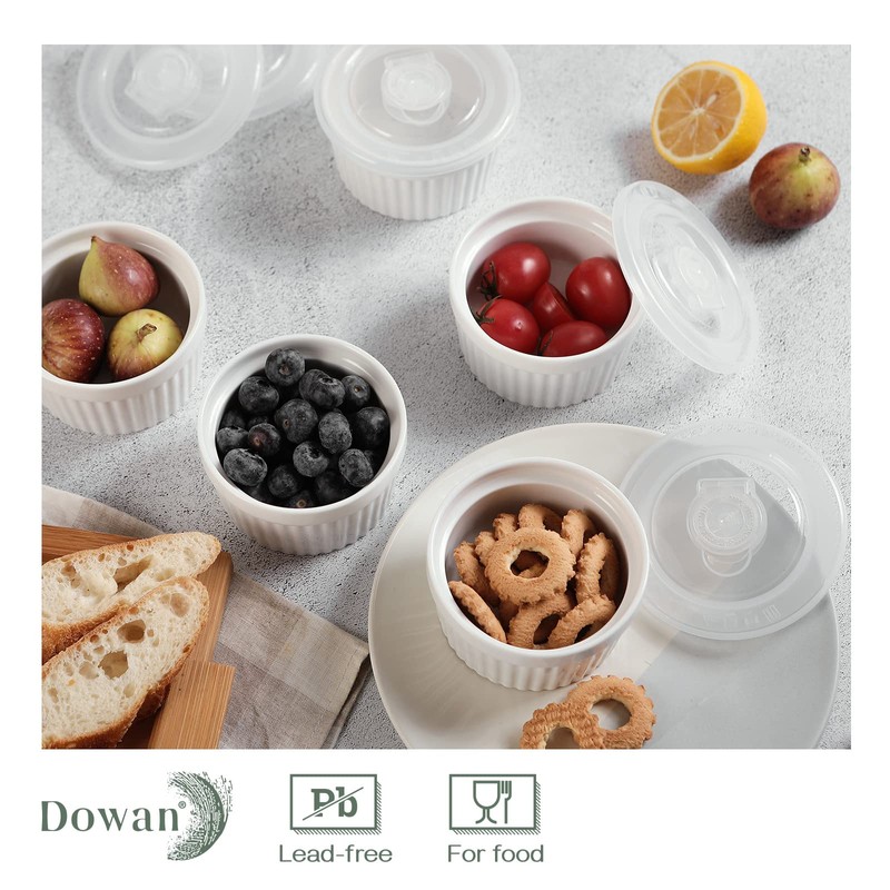 DOWAN Ramekins with Lids 6 oz Oven Safe, Creme brulee