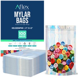 AFLEX 100 Pack Holographic Mylar Bags, Reusable, Polyethylene and Aluminum Combination, Zipper Closure, 3 x 4.5 Inch, Premium Quality Food Storage Bags with Clear Window and Rainbow Effect