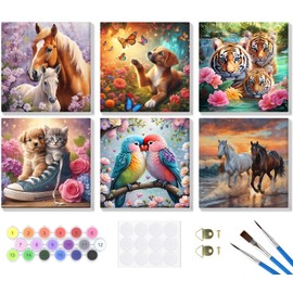 Bowetile 6 Pack Animals Paint by Numbers Adult Kit Beginner, Kids' Paint by Number Cat Dog Kits on Canvas with Frame, Horse Peinture a Numero Adulte, DIY Tiger Oil Painting Art Craft Kits, 8x8in