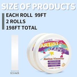 XUNAXI 2 Packs Artist Tape Medium Tack White Art Tape for Watercolor Paper Drafting Art Painting Canvas Framing Acid Free Masking Tape- 0.5IN Wide 197FT Long Total