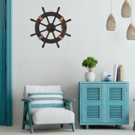 Cabilock Boat Wheel Decoration, Nautical Beach Wooden Ship Wheel Mediterranean Wall Decor, Nautical Voyage Boat Wall Hangings Decor for Coastal Theme Interior Beach House Party Decoration, 32cm
