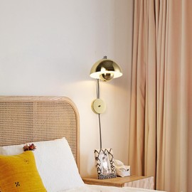 COSYLUX Modern Sleek Plug in Wall Sconce, Hardwired & Corded 2in1 Design Metal Wall Light Fixtures for Bedroom Bedside Reading, Mid-Century Flower Bud Wireless Wall Sconces with Switch, Gold