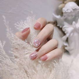 24pcs Nail Tips Pink Mortise Flash Rhinestone Chain Decoration Girly Nails