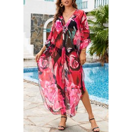 Orshoy Women's Beach Dress Kaftan Dress Lightweight Summer Dress Bikini Cover Ups Pareos Summer Maxi Dress Long Dress Beach Poncho with V-Neck Beach Swimwear, Pink flower