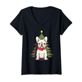 Christmas Tree, ornaments and Cute Frenchie Santa Christmas V-Neck T-Shirt