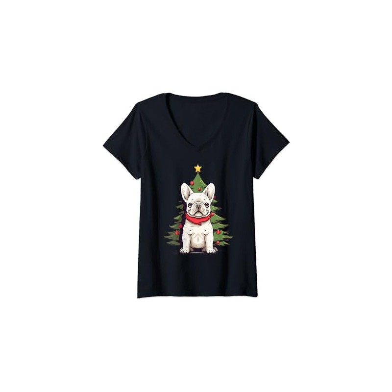 Christmas Tree, ornaments and Cute Frenchie Santa Christmas V-Neck T-Shirt