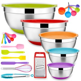 22-Piece Mixing Bowls with Lids & Accessories Set, E-far Stainless Steel Nesting Bowls with Colorful Covers & Non-Slip Bottoms, Metal Bowls for Cooking/Baking/Serving/Storage - Size 7/3.5/2.5/1.5/1 QT
