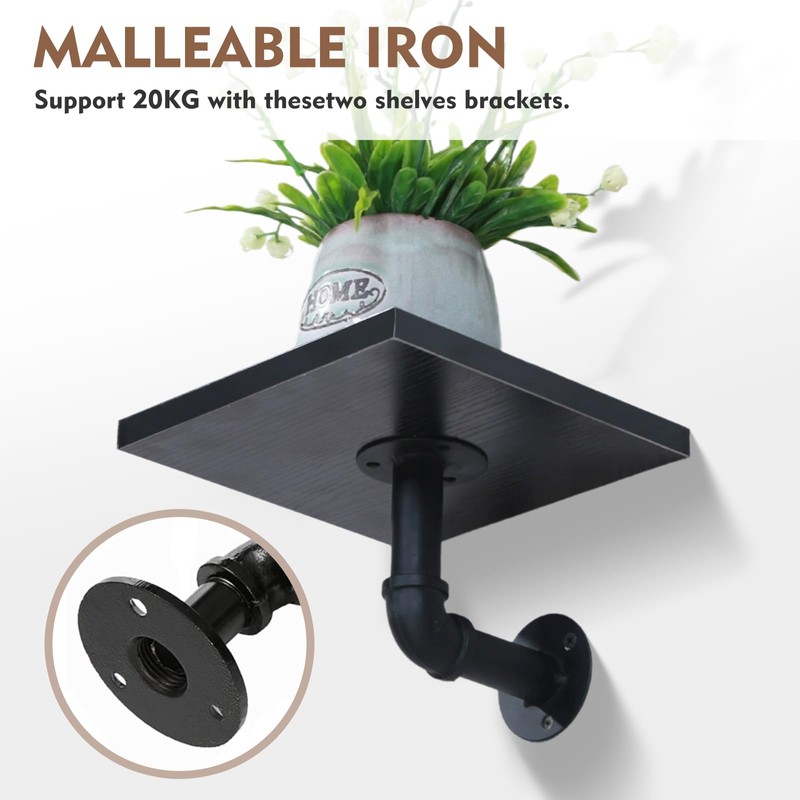 HRXMS 6 Pack Industrial Pipe Shelf Brackets, Black Iron for