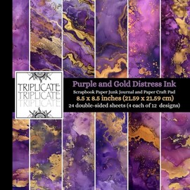 Purple and Gold Distress Ink Scrapbook Paper, Junk Journal and Paper Craft Pad: 24 double-sided matte pages of 8.5 x 8.5 inch 60lb (90gsm) decorative ... of 12 background designs (4 of each design)