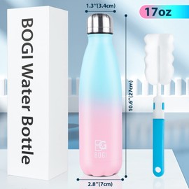 BOGI Insulated Water Bottle, 17oz 2 Pack Stainless Steel Water Bottles, Leak Proof Sports Metal Water Bottles Keep Drink Cold for 24 Hours and Hot for 12 Hours BPA Free kids water bottle for School