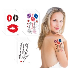 Cosmeria Temporary Tattoos Kiss Lip Print, 15 Sheets with 5 Unique Designs, Skin-Friendly and Easily Removable Lip Stickers for Valentine's Day