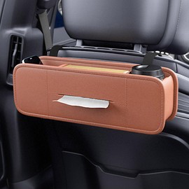 CHQLPBF Car Seat Back Organizer - Stylish Functional Storage for Family Adventures - Cup Holders, Tissue Box & Hooks - Perfect for Kids, Road Trips Travel (brown)