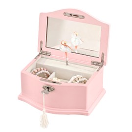 Joyero musical de madera para niñas con espejo y cerradura de llave, regalo para niños en cumpleaños y vacaciones (rosa, mediano)