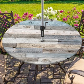 Round Outdoor Tablecloth with Umbrella Hole and Zipper Wood Texture Elastic Table Cover Waterproof Outdoor Table Cloth for Patio Picnic Camping Fits 44-48" Diameter Round Tables