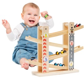 Wooden Race Car Track Ramp Toys for 3 4 5 Year Old Toddlers,Wooden car ramp Racer Toy with 4 Wooden Cars & Roof Top Car Park Playsets Montessori Toys Gift for Toddlers Boys and Girls