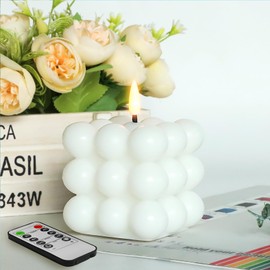 duduta White Cube Bubble Candle with Remote, Flickering Battery Operated Flameless Square LED Wax Candle