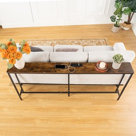 FurnitureR Narrow Console Table 70.8 Inch with Charging Station, Slim Sofa Table with USB Ports and Outlet for Hallway Living Room Bedroom Office, Brown Wooden Top Black Metal Frame