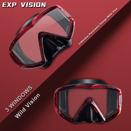 Adult Pano 3 Window Scuba Diving Mask, Tempered Glass Snorkel Mask Anti-Fog Swim Mask No Leakage Swim Goggles with Nose Cover Snorkeling Gear for Snorkeling, Freediving, Swimming (Crystal Red)