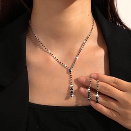 TseenYi Wedding Crystal Necklace Earrings Set Black Rhinestone Lariat Necklace Saprkly CZ Tassel Drop Earrings Bridal Prom Costume Sets Tennis Choker Necklace Cubic Zirconia Lariat Necklace