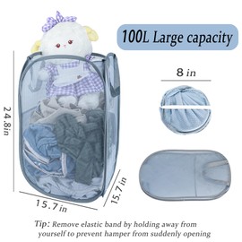 Upgraded 100L Extra Large Collapsible Laundry Hampers. Pop Up Laundry Basket Mesh with Pocket, Fold Compact, Large Hold Portable Travel Laundry Bag for Dorm Storage Bin, Grey. V