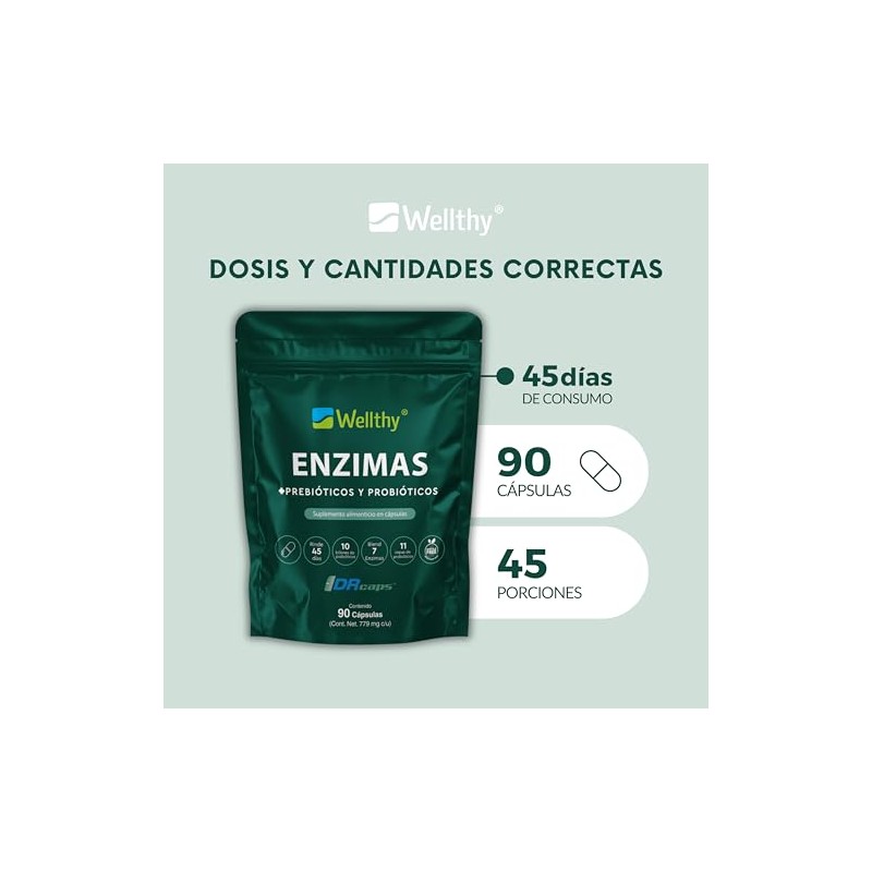 Wellthy Enzimas Digestivas 90 Cápsulas. Reforzado con Prebioticos y Probioticos.