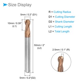 CoCud Ball Nose End Mill, 2.5mm Radius 5mm Shank 50mm Length, AlTiN Coated M30 Tungsten Carbide 2 Flutes Milling Cutter Bit - (Applications: for Stainless Steel Hardened Steel)