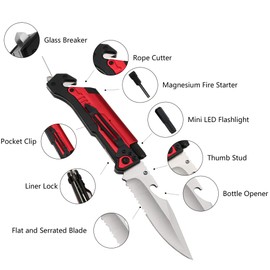 ALBATROSS Best 6-in-1 Survival Tactical Military Folding Pocket Knives with LED Light,Seatbelt Cutter,Glass Breaker,Magnesium Fire Starter,Bottle Opener;Multi-Function Emergency Tool(Red-SA)