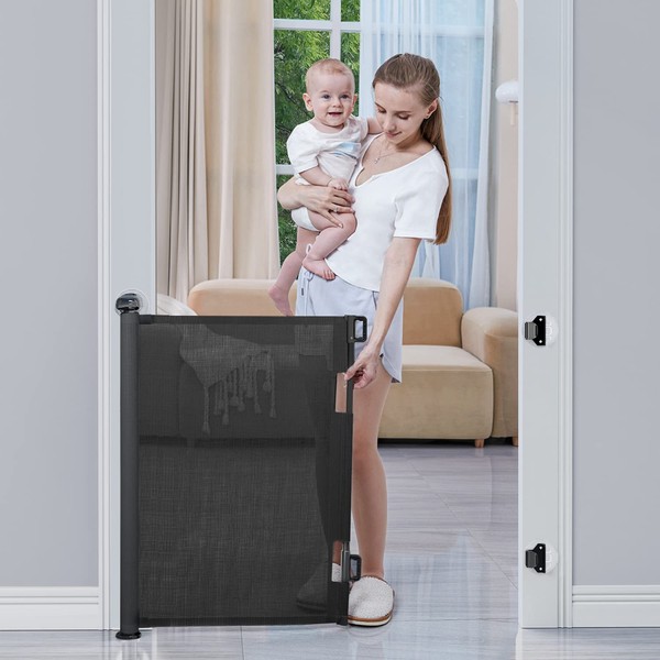 BabyBond Retractable Baby Gates, Punch-Free Install Baby Gate Extra Wide 55” X 33” Tall for Kids or Pets Indoor and Outdoor Dog Gates for Doorways, Stairs, Hallways, Black