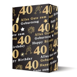 Ovanda Geschenkpapier Schwarz Gold, 40 Happy Birthday Wrapping Paper Jumbo Size 70 * 50cm, 5 Sheets Happy Birthday Paper With, Geschenkpapier Rolle, Geschenk Papier für Girls Boys Women Men Kids