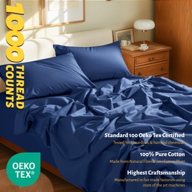Shilucheng 100% Egyptian Cotton Sheets Set - 1000 Thread Count，Luxury Cotton Bed Sheets，Breathable & Cooling Bedding and Pillow Cases, 16 Inch Deep Pocket - 4 Piece (Navy Blue, Full)