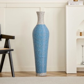 39 Inch Tall Hand-Woven PVC Rattan Floor Vase Blue White Striped Decorative Vase for Outdoor Farmhouse Coastal Style Livingmaterial: PVC, color: Lake Blue