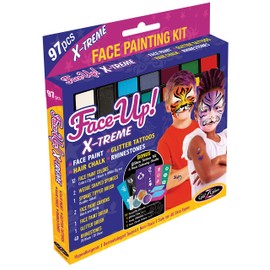 GlitZGlam Original XL Face Paint Kit – FACE-UP X-Treme: 97 Piece, 3in1 Face Paint, Glitter Tattoos with 32 Reusable Stencils, Rhinestones AND Hair Coloring Chalk. Hypoallergenic & Dermatologist-Tested