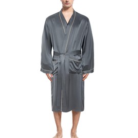 COLD POSH Men's Real Silk Robe Luxury Lightweight Bathrobe for Men Long Sleeve Mulberry Silk Sleepwear,Dark Gray,XL