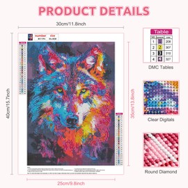 RICUVED Colourful Wolf Diamond Painting Kits, 5D Animal Diamond Art Kits for Adults Round Full Drill Diamond Painting Kits Crystal Diamond Art Picture for Home Decor 30x40cm