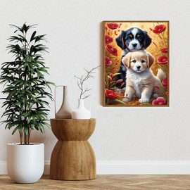 Diamond Painting Kits for Adults, Flower Dog DIY Diamond Art Kits Full Round Drill Gem Art Diamond Dots for Home Wall Art Decor 12×16inch