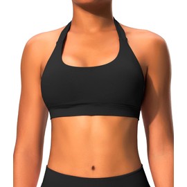 Comper Halter Sports Bras for Women Backless Workout Bra Seamless Open Back Strappy Bra Yoga Crop Top with Removable Cups(Black-M)