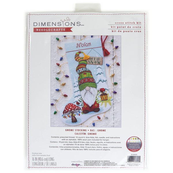 Dimensions Holiday Gnome Personalizable Christmas Counted Cross Stitch Stocking Kit, 16" Long, 14 Cnt. Light Blue Aida 7 Piece