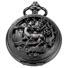 Tiong Black Double Opening Deer Design Mechanical Pocket Watch, Men's Mechanical Movement Roman Digital Dial Pocket Watch