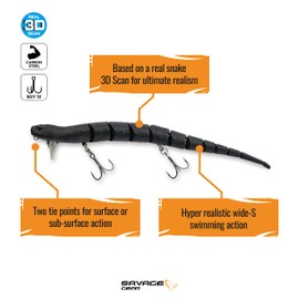 Savage Gear 3D Wake Snake Fishing Bait, 2 oz, Black Snake, Realistic Contours, Colors & Movement, Durable Construction, Versatile Rigging Options, Dual Treble Hook Configuration