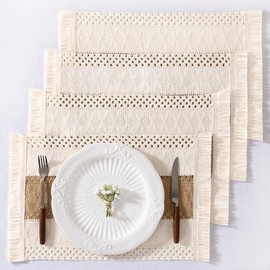 Socomi Boho Placemats Set of 4 Washable Cotton Burlap Farmhouse Table Mats Macrame Woven Dinner Table Decor Centerpiece for Party Home Decor