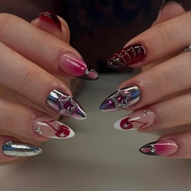 Press on Nails Medium Almond MABKJLF 3D French Tip Fake Nails Y2k Chrome False Nails with Cherry Stars Designs Full Cover Glossy Glue on Nail for Women Gairls 24Pcs