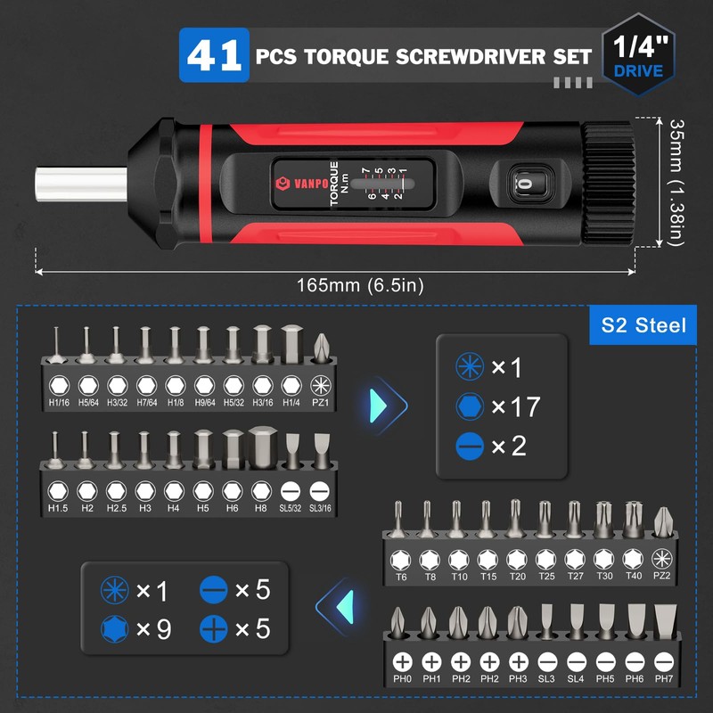 VANPO Torque Screwdriver 1/4 Inch, 1-7Nm Small Torque Wrench Screwdriver,