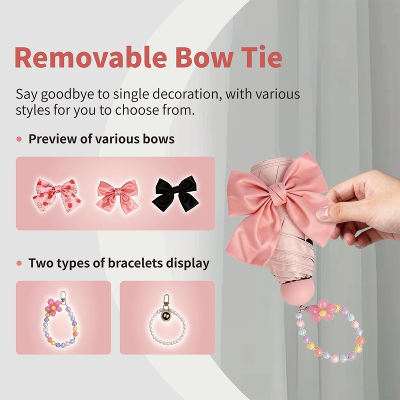 Baestappy Pink Bow Umbrella,Mini Compact Windproof Folding Umbrella for Rain