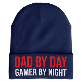 Purple Print House Dad by Day Funny Beanie Hat, Gifts for Dad Mens Fathers Gamer Gift Video Game Retro (Navy Blue)