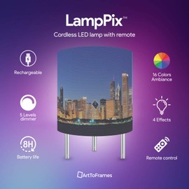 LED Desk Lamp Chicago Skyline Canvas Printed Table Light Comes with 16 Color Rechargeable Light Bulb with 5 Level Dimmer and Remote Control and Chrome Standoffs. Made in The USA