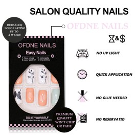 Press on Nails Medium Square OFDNE Fake Nails False Nails with Butterfly Leaves Designs Glossy Glue on Nails Full Cover Colorful Stick on Nails Artificial Nails for Women Girls 24 Pcs