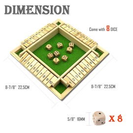 8 Dice Shut The Box Game – 4 Players Wooden Tabletop Dice Game, Classic Dice Board Toy
